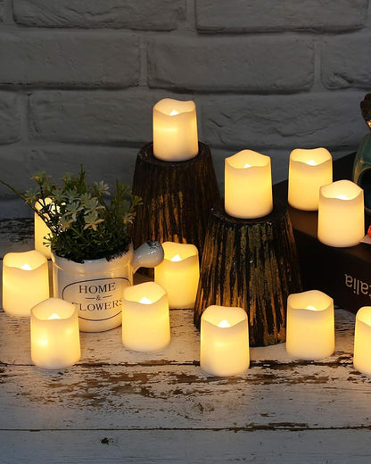 SHYMERY Flameless Flickering Votive Tea Lights 24 Pack Battery Operated for Mantel Shelves and Tabletop Home Decor