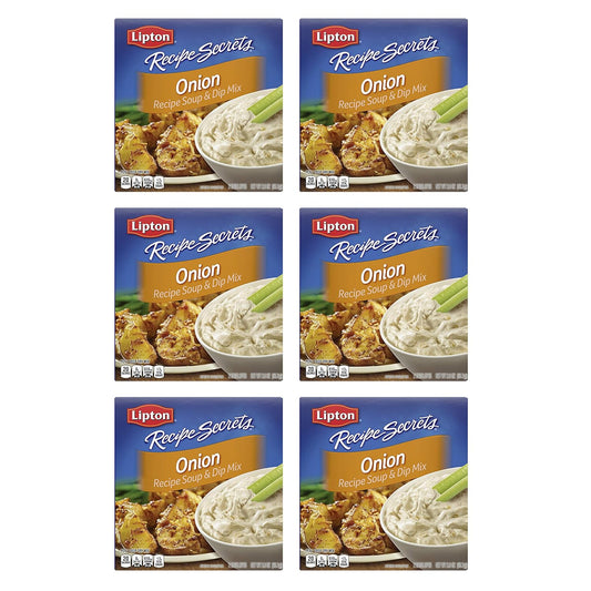 six individually portioned 2 oz envelopes of dry onion soup and dip mix
