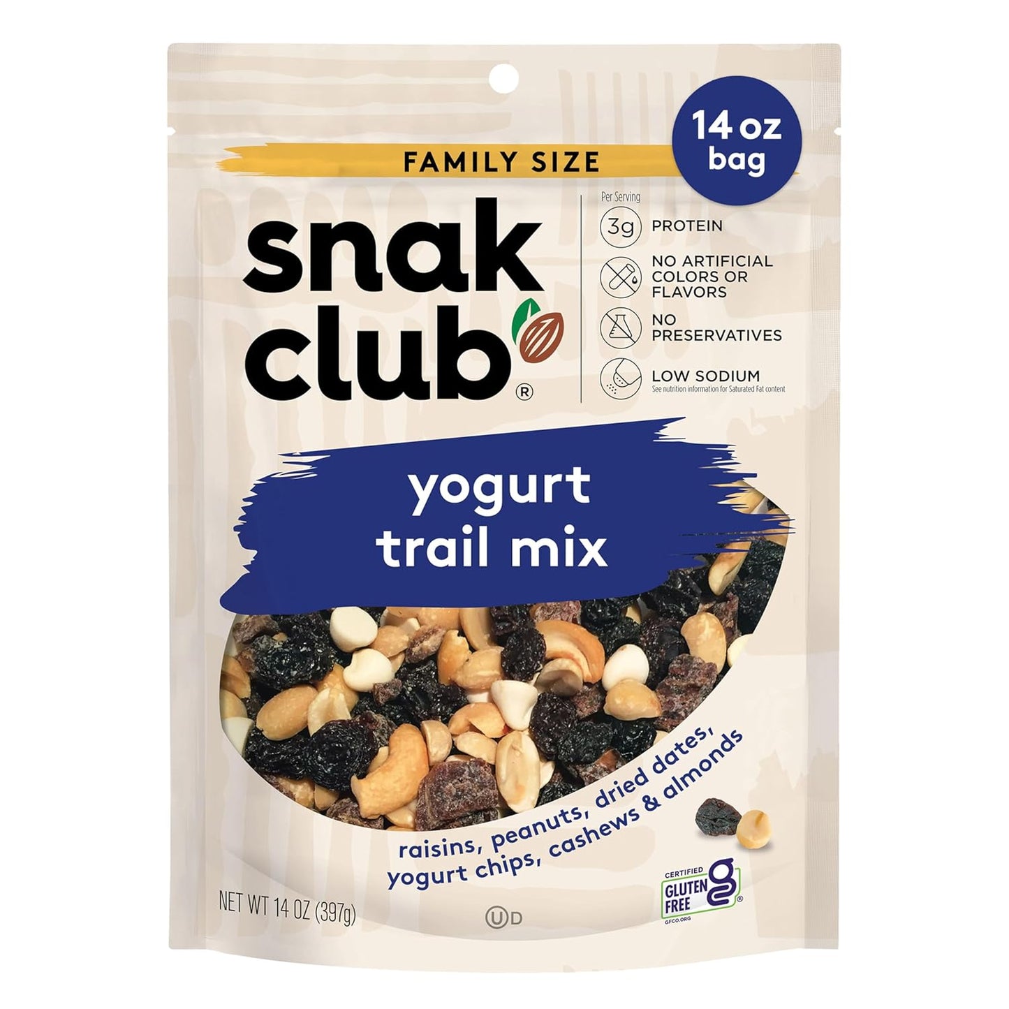 six-ingredient blend: raisins, peanuts, dried dates, yogurt chips, cashews, and almonds