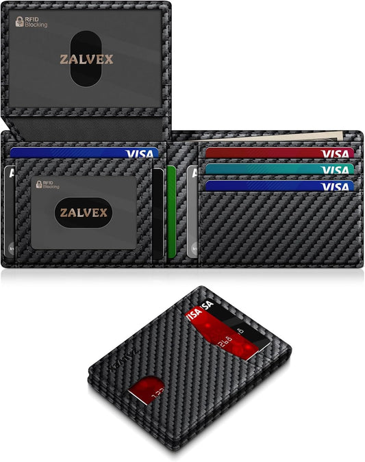 slim 4.3 x 3.2 x 0.6 inch bifold body holding up to 14 cards and 10+ unfolded bills