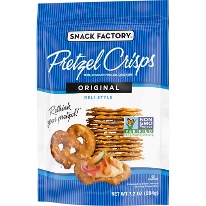 Snack Factory Pretzel Crisps – Crunchy Desk Snack for Home Office and Shared Break Rooms, Quiet Baked Pretzel Chips