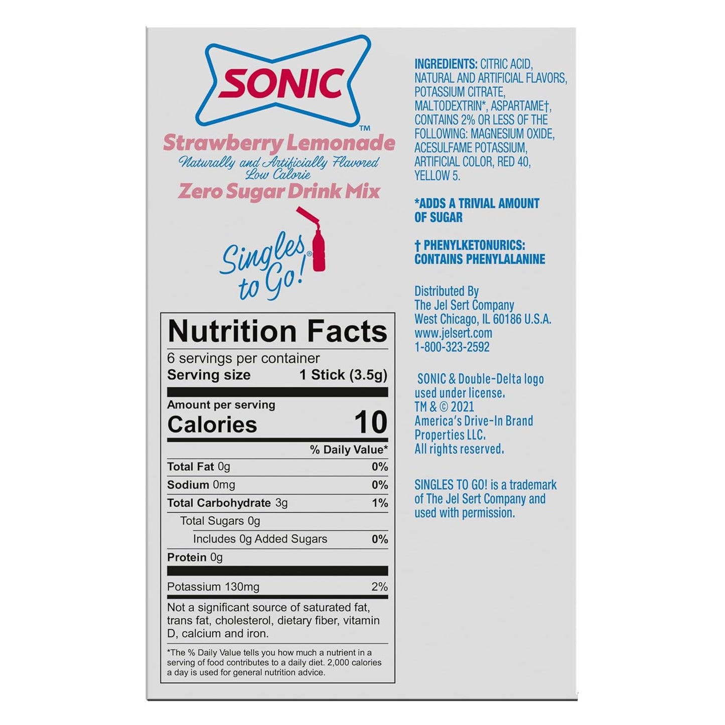 Sonic Singles to Go! Singles Packets – Low-Calorie Drink Mix for Kids' Backpacks, Sports Practice, and Birthday Parties