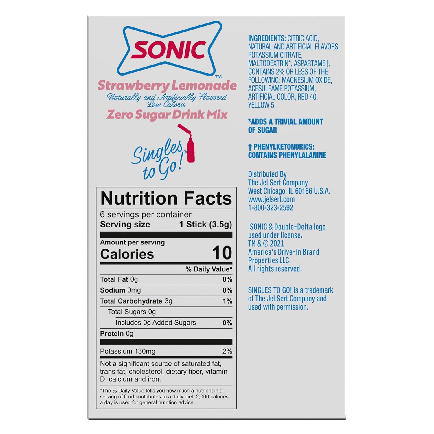 Sonic Singles to Go! Singles Packets – Low-Calorie Drink Mix for Kids' Backpacks, Sports Practice, and Birthday Parties