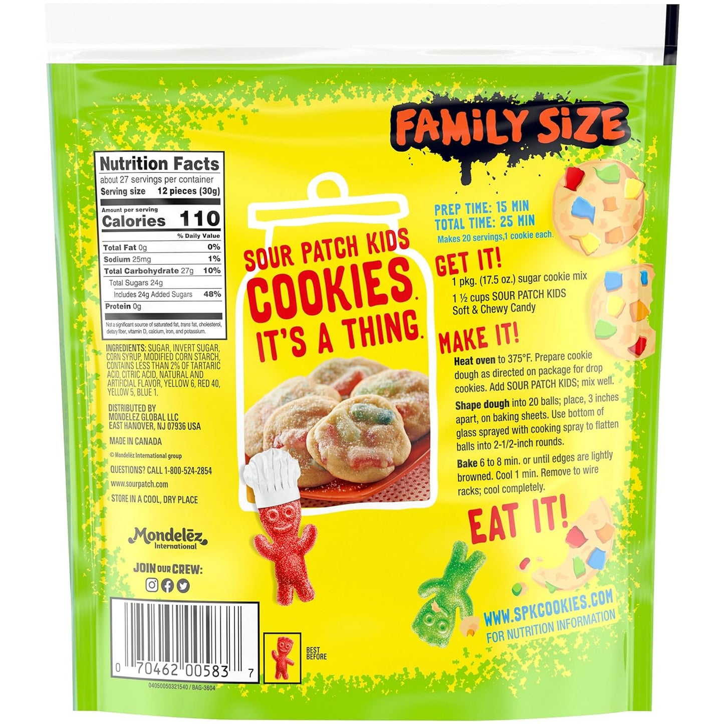 SOUR PATCH KIDS Fat-Free Chewy Assorted Candy, 1.8 lb Holiday Gift Bag for Christmas Stocking, Valentine's Day Exchange, and Hostess Presents