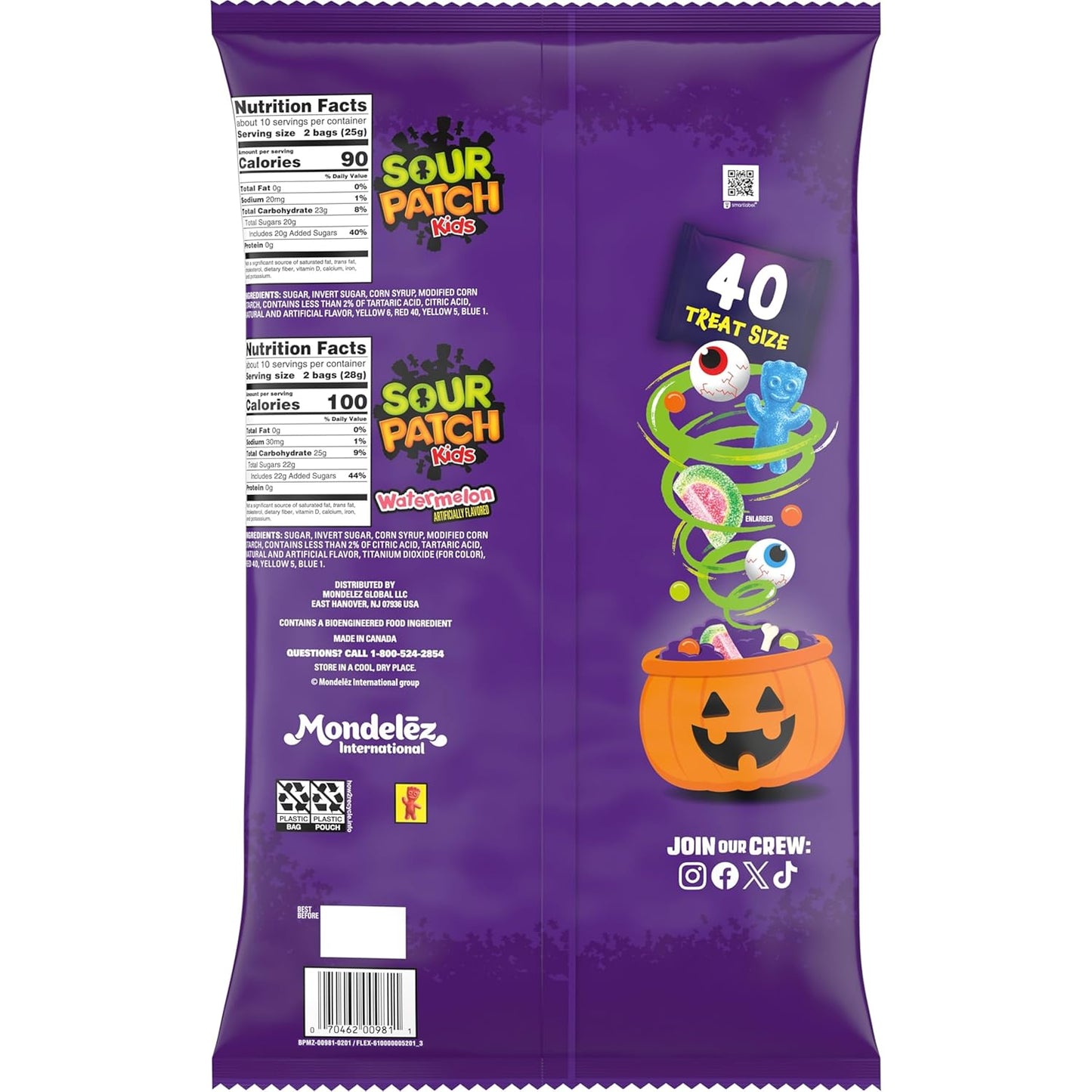 SOUR PATCH KIDS Halloween Variety Pack - 40 Durable Wrapped Candy Bags for Outdoor Front Porch Trick or Treat Night