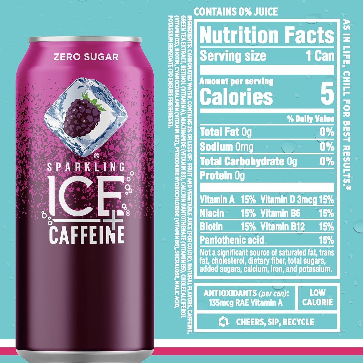 Sparkling Ice Caffeine Black Raspberry Sparkling Water for Camping Coolers, Sugar Free Sparkling Drink for Open Air Adventures