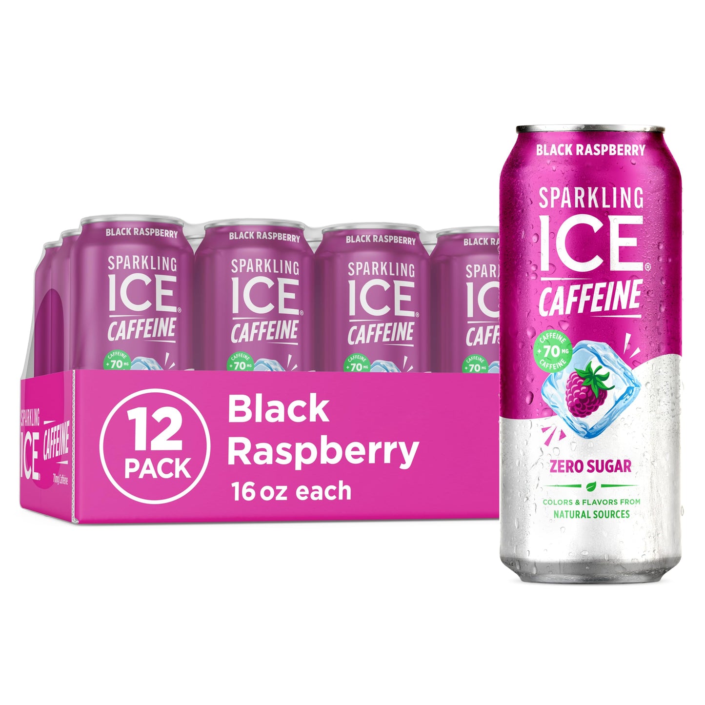 Sparkling Ice Caffeine Black Raspberry Sparkling Water for Camping Coolers, Sugar Free Sparkling Drink for Open Air Adventures