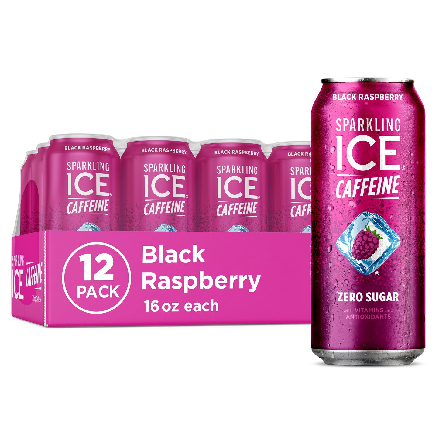 Sparkling Ice Caffeine Black Raspberry Sparkling Water for Camping Coolers, Sugar Free Sparkling Drink for Open Air Adventures