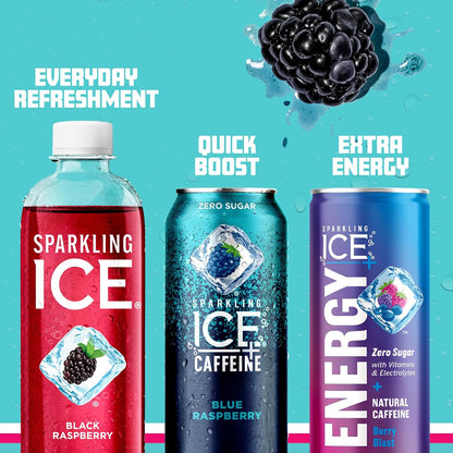 Sparkling Ice Caffeine Black Raspberry Sparkling Water for Camping Coolers, Sugar Free Sparkling Drink for Open Air Adventures