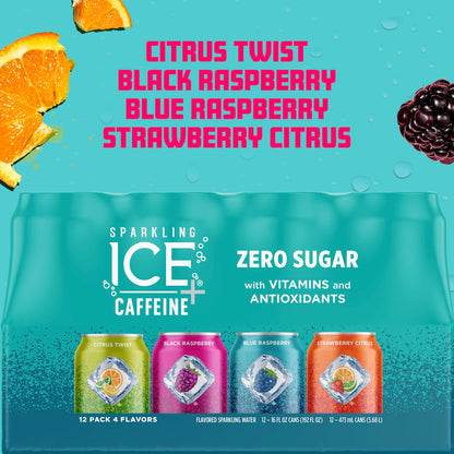 Sparkling Ice Caffeine Black Raspberry Sparkling Water Holiday Gift Idea, Low Calorie Sparkling Drink for the Health Conscious Friend