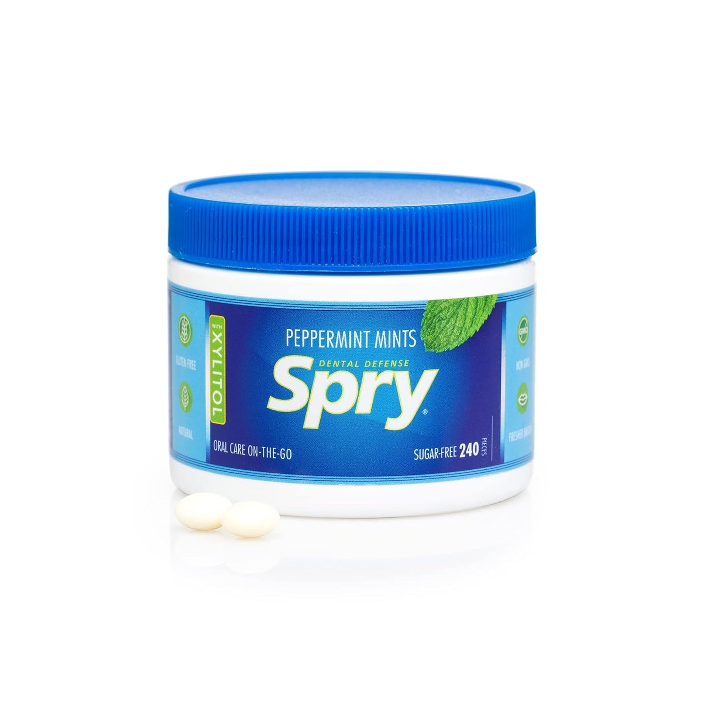 Spry Xylitol Peppermint Mints Sugar Free Candy - Kid-Friendly Cavity Prevention Treat for Family Car Cup Holders, 45 Count