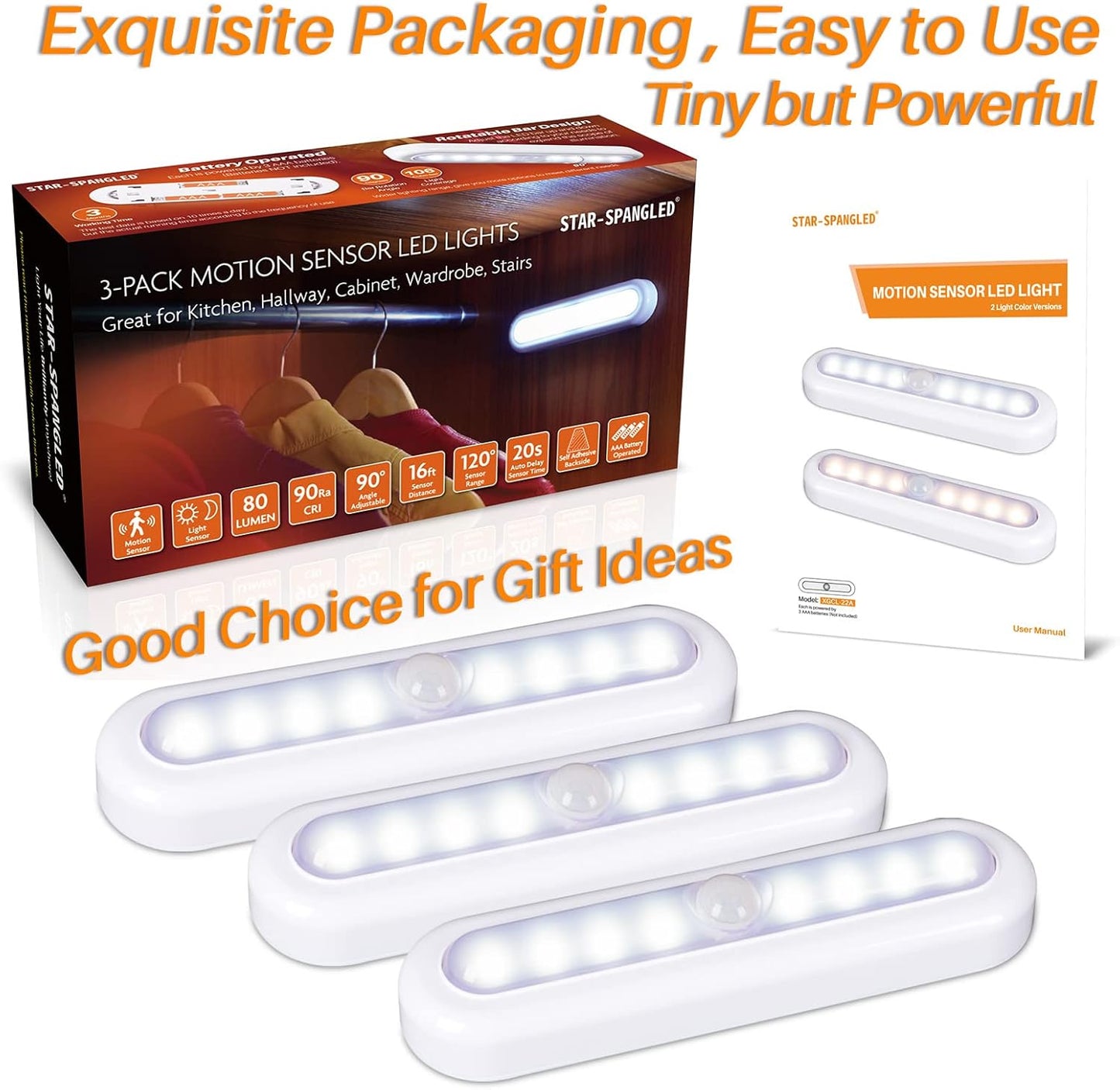 STAR-SPANGLED 3 Pack LED Motion Sensor Light Indoor Battery Powered – Soft 4.5V Light for Night Safety on Stairs, Bathroom, and Entryway
