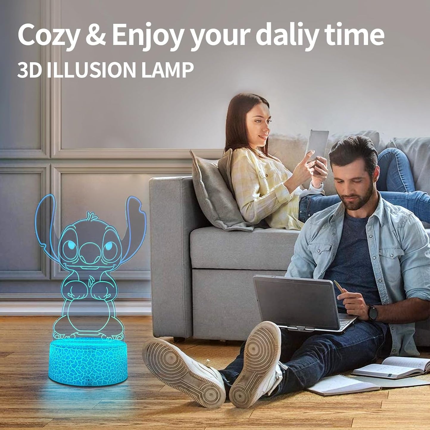 Stitch and Kitty 3D LED Night Light – Child-Safe Bedside Lamp with Timer and Auto Shutoff for Bedroom Decor