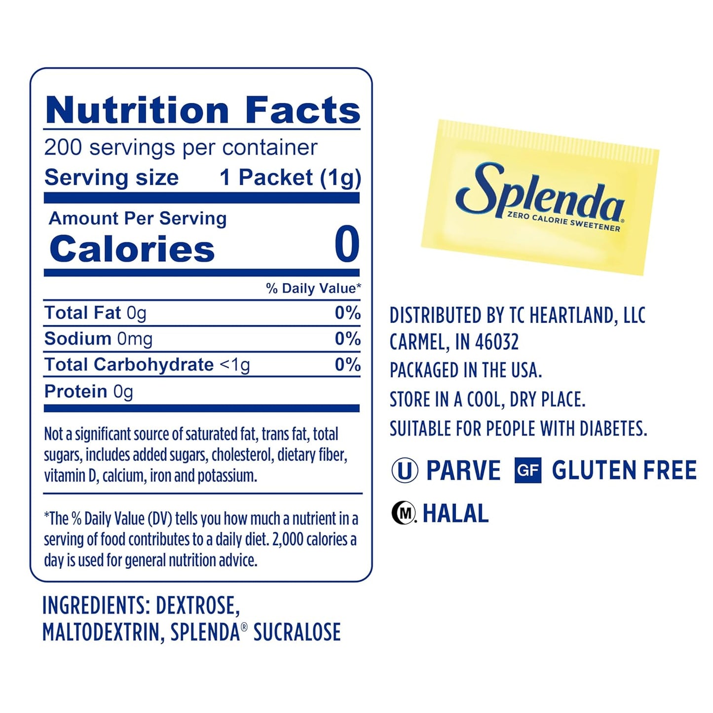 sucralose-based sweetener measuring equal to two teaspoons of sugar per packet