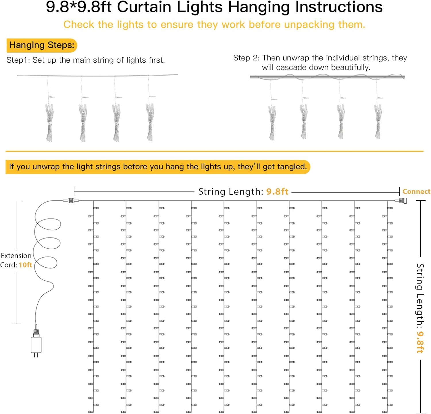 suddus Fairy Curtain Lights for Self-Care – 9.8x9.8ft 300 LED Warm White Dimmable, Soothing Night Light for Bath and Meditation Space