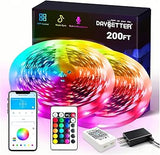 DAYBETTER RGB LED Strip Lights 65.6ft to 200ft with Bluetooth App and 44-Key Remote, Music Sync Ambient Lighting for Bedroom Dorm and Apartment Décor