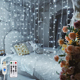 LuminHaus Weatherproof Hanging Curtain Light 6.6x6.6ft 200 LED White 8 Modes USB Power for Camping Trip Tent Canopy and RV Outdoor Decor