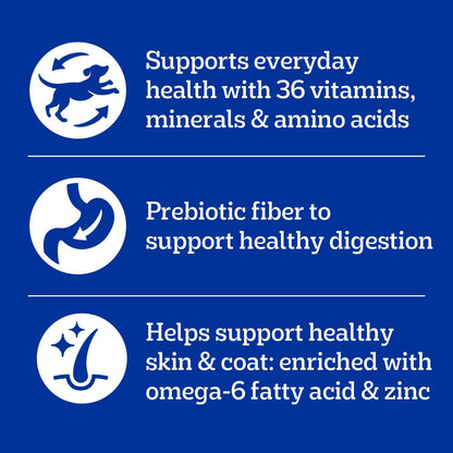 three flavor profiles (grilled steak & vegetable, chicken & vegetable, chicken) and four size options (3.5 lb, 18 lb, 30 lb, 3.5 lb x 4) covering single-dog to multi-dog needs