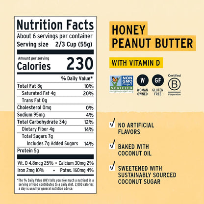 three flavor variants in 11oz boxes: vanilla blueberry almond, honey peanut butter, oatmeal raisin