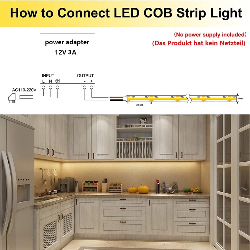 TOPAI Flexible COB LED Strip Light for DIY Enthusiasts, IP65 Cut-and-Connect Strip for Custom Shapes on Shelving and Furniture
