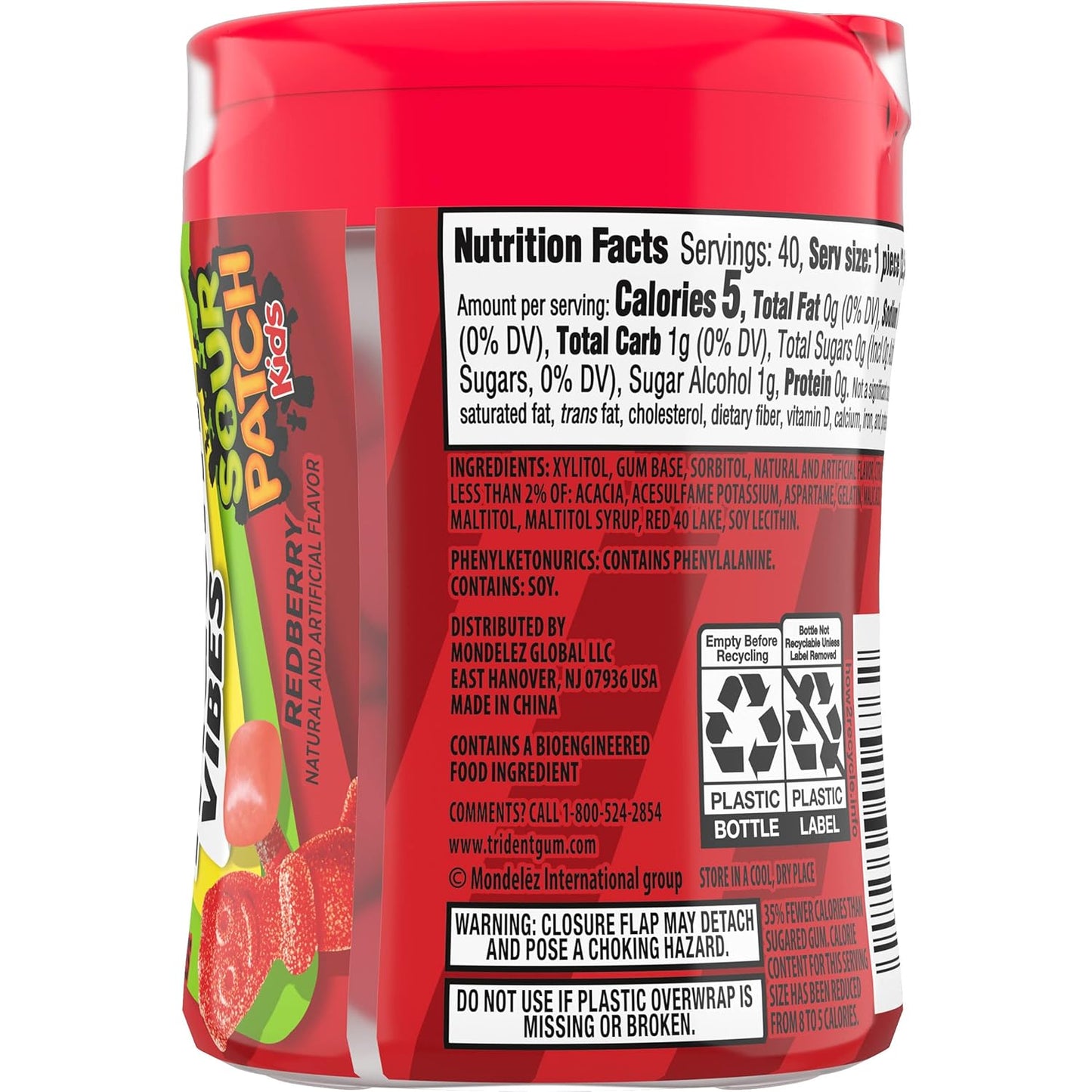 Trident Vibes SOUR PATCH KIDS Blue Raspberry Sugar-Free Chewing Gum – Beach Bag and Patio Companion, 4-Bottle 160 Count