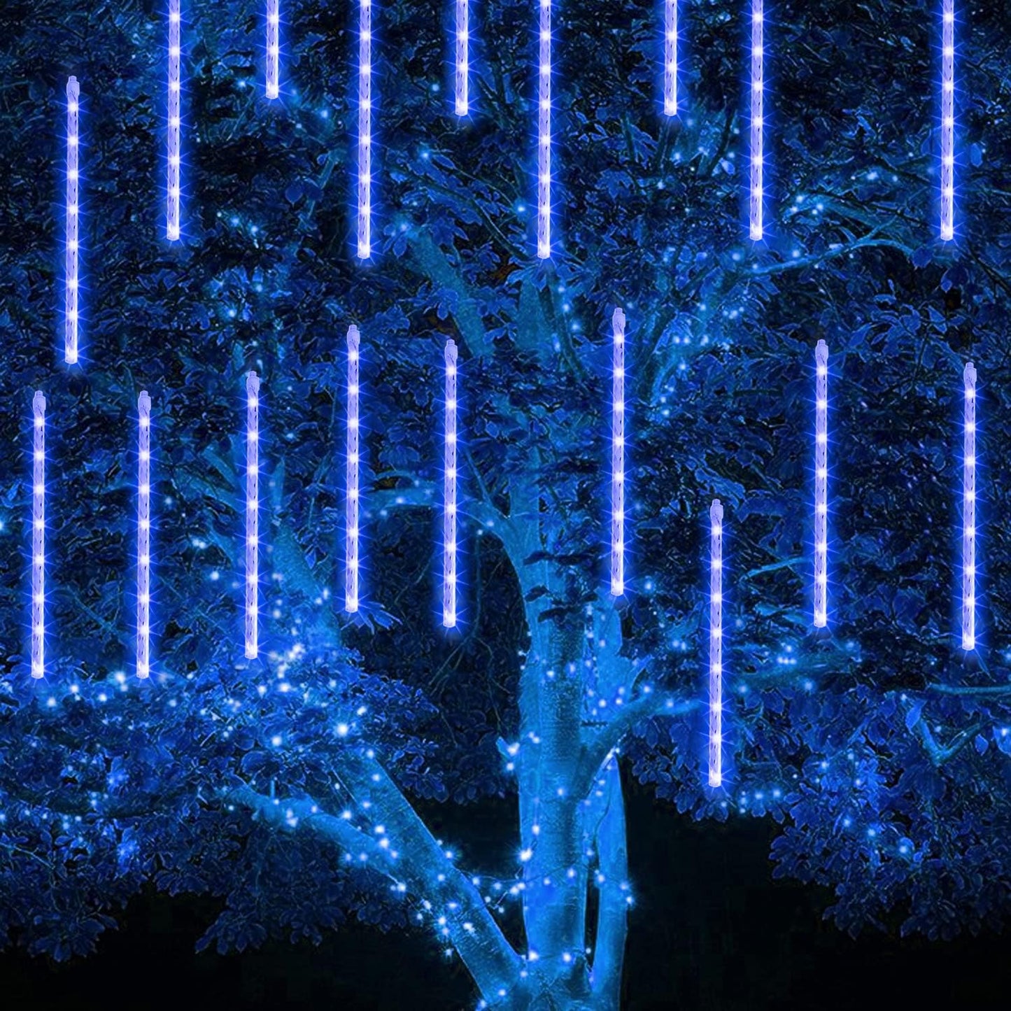 TW SHINE 24 Tube Cascading Snowfall Lights, Blue LED Meteor Shower Set for Mantel Window and Holiday Living Room Decor