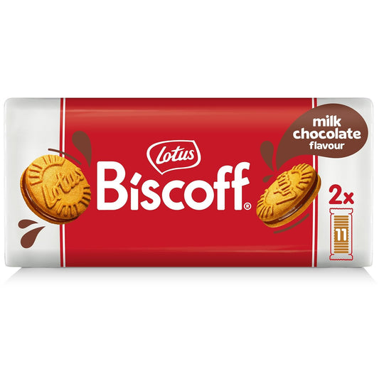 two crunchy biscoff biscuits sandwiching a smooth vanilla-flavored cream filling