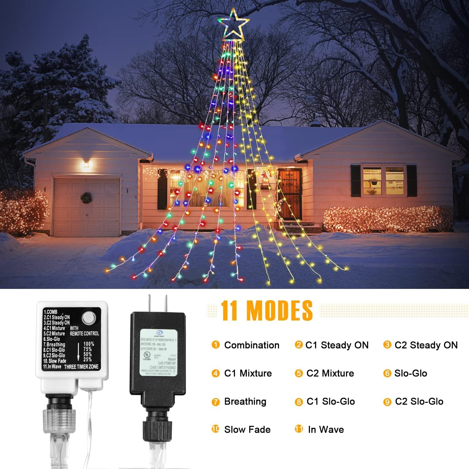 two timer settings: 6 hours on/18 off or 8 hours on/16 off, controlled via remote