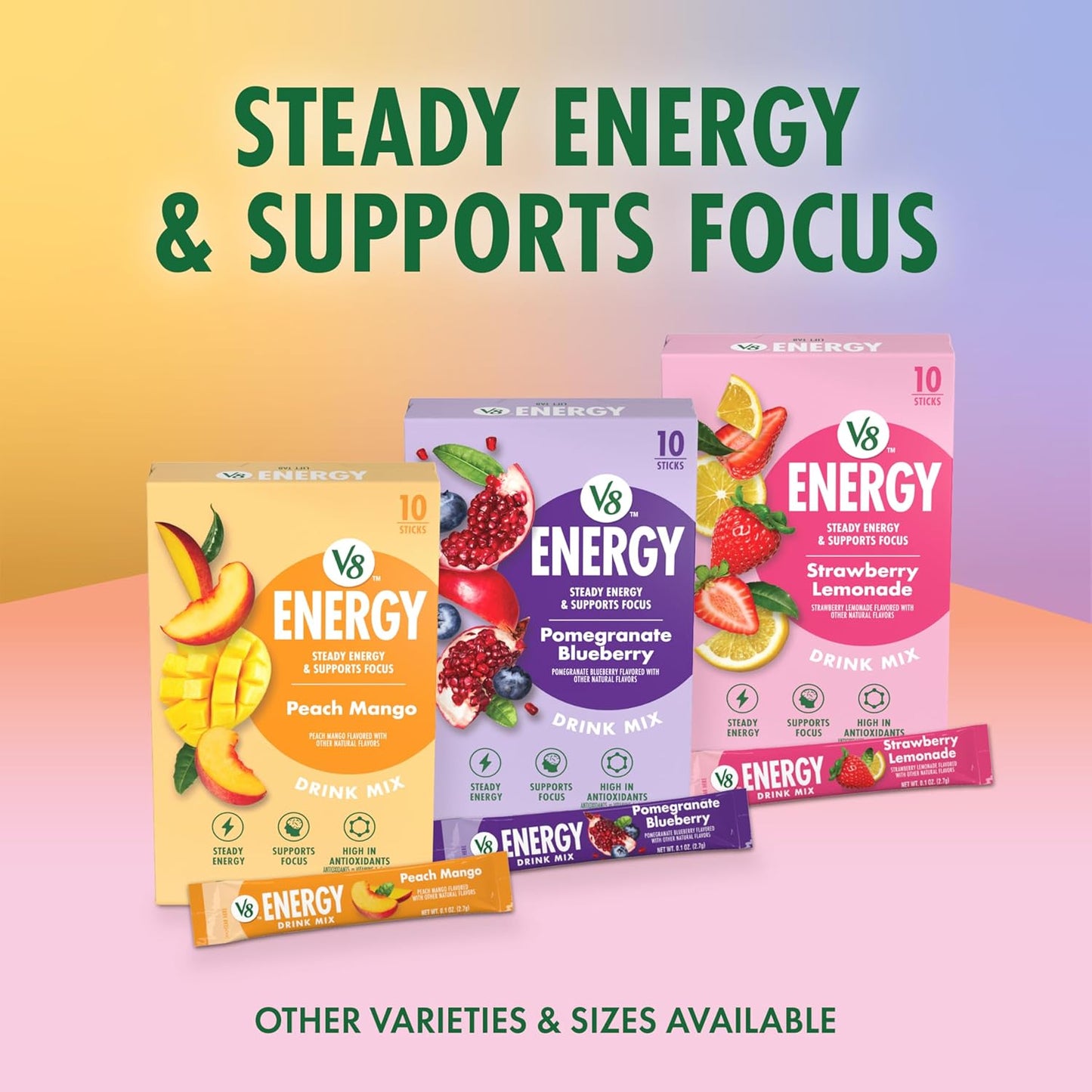 V8 Energy Strawberry Lemonade Energy Drink Powder Care Package for College Students, Study Fuel