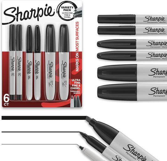 variety pack of 6 markers: 2 fine tip, 2 ultra-fine tip, 2 chisel tip
