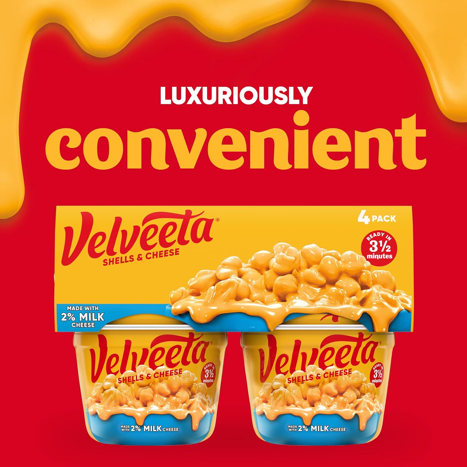 Velveeta Shells & Cheese 2% Milk Cheese Cups – Travel-Ready Lunch for Road Trips and Dorm Moves, 3.5-Minute Heat, 4 ct Pack