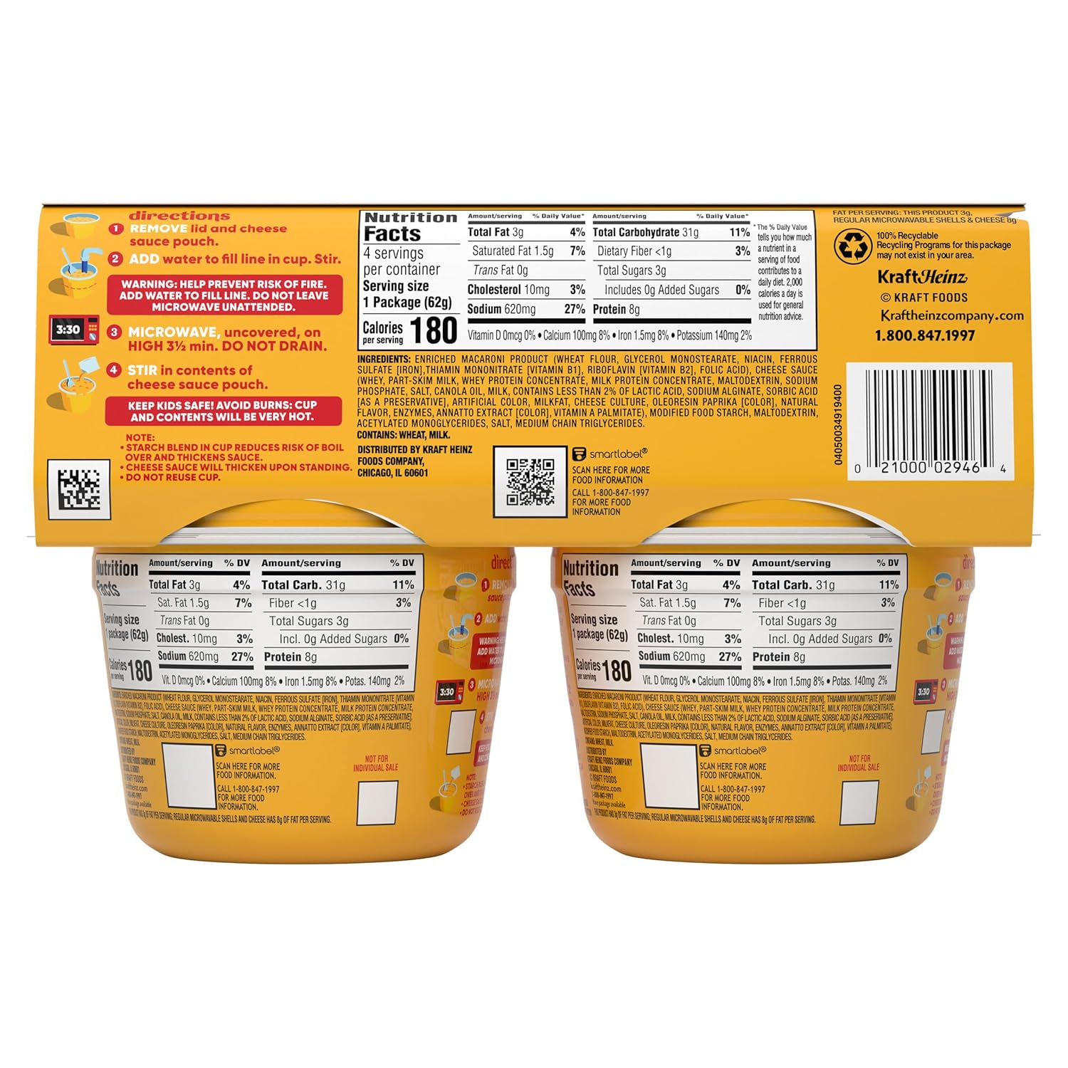 Velveeta Shells & Cheese 2% Milk Cheese Cups – Travel-Ready Lunch for Road Trips and Dorm Moves, 3.5-Minute Heat, 4 ct Pack