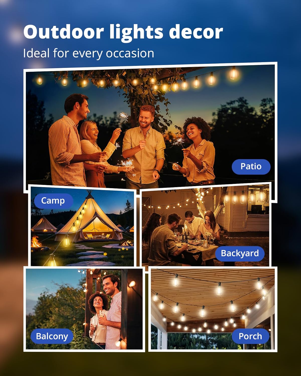 VIPAR Outdoor Edison String Lights – Linkable 78-Strand Commercial-Grade Hanging Lights for Pergola, Gazebo, and Balcony