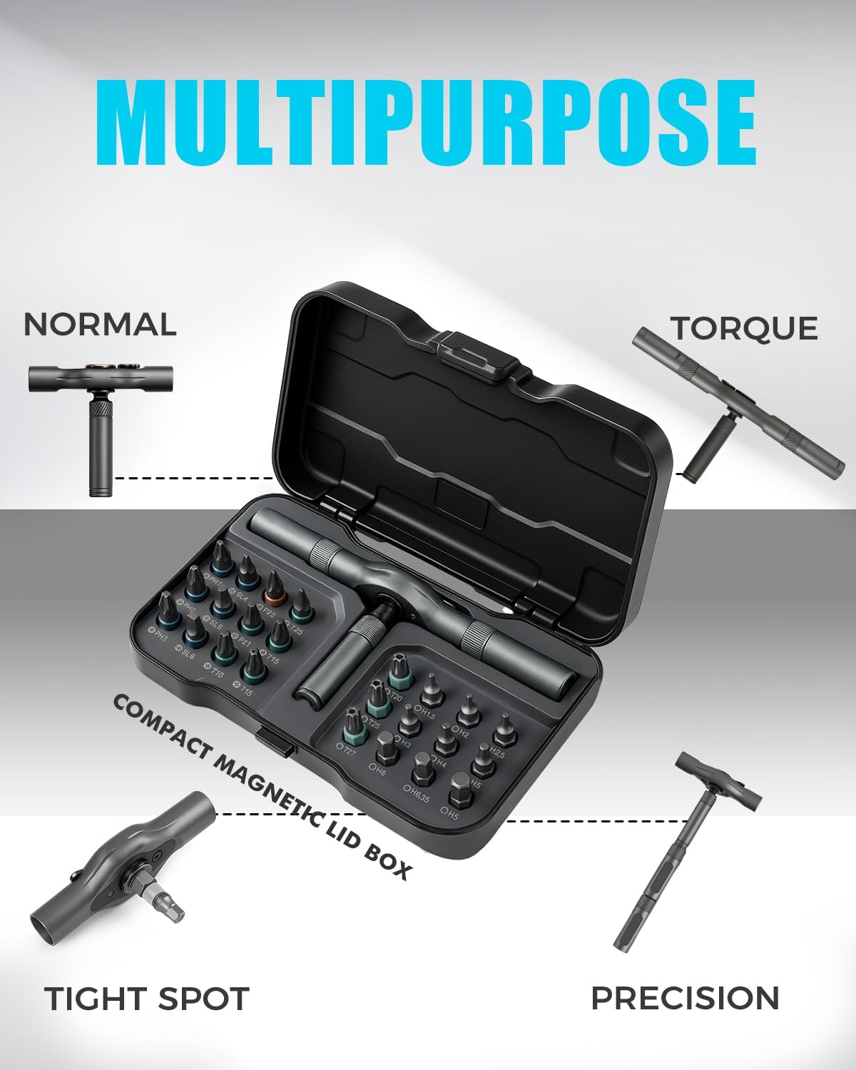 VMAN Ratchet Screwdriver Set – Uncluttered Workshop Essential, Streamlined 24-in-1 Driver